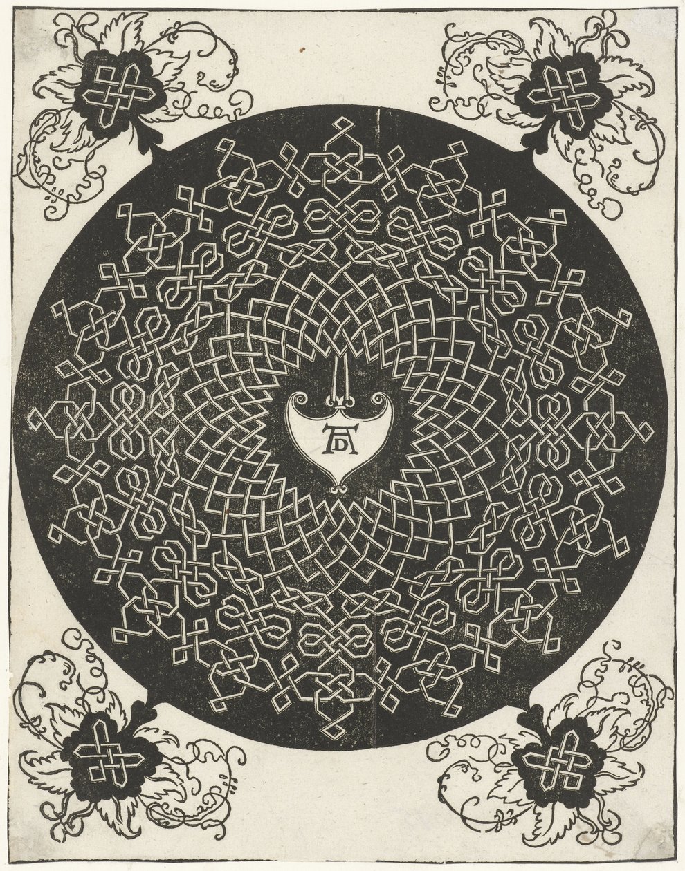 Exemplo de bordado com escudo em forma de coração de Albrecht Dürer