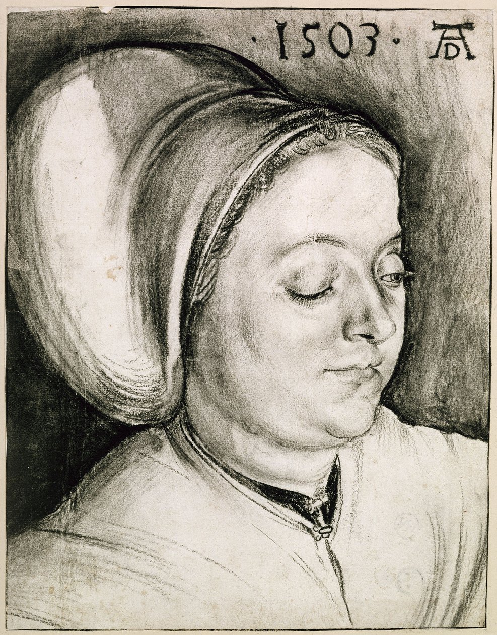 Retrato de busto de uma mulher com touca acolchoada de Albrecht Dürer