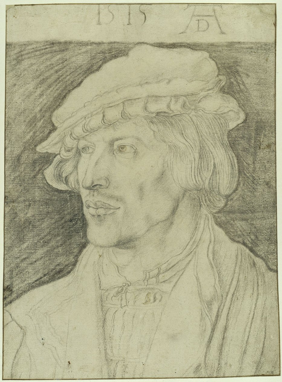 Retrato de meio corpo de um jovem sem barba, virado para a esquerda de Albrecht Dürer