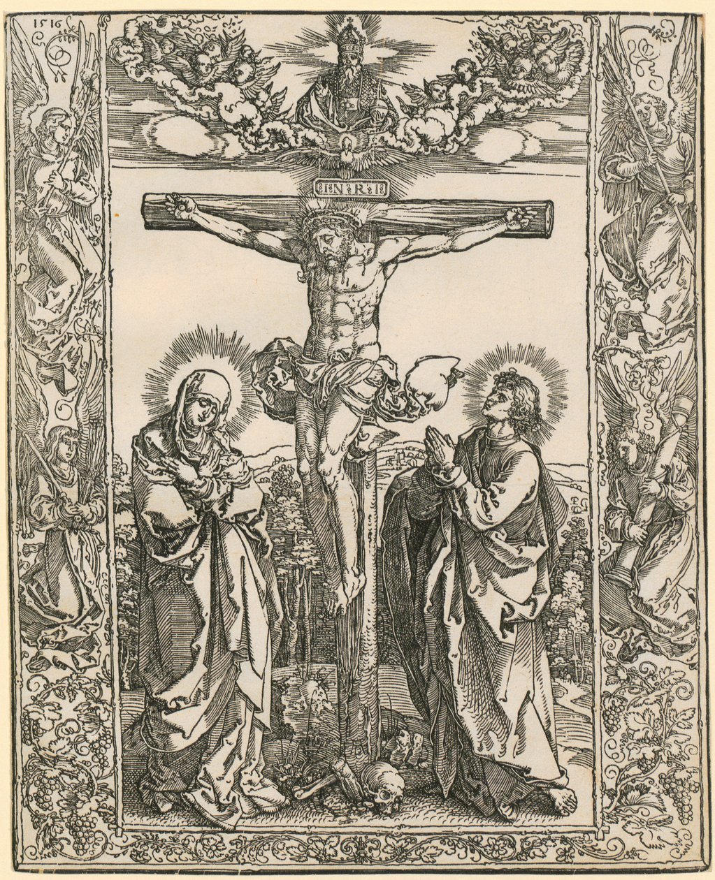 Cristo na cruz com uma moldura de anjos de Albrecht Dürer