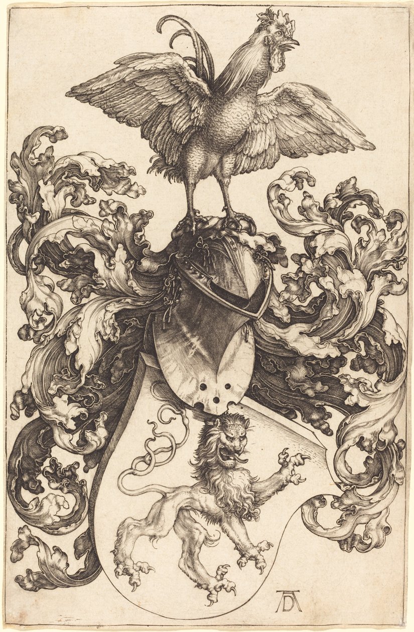 Brasão com um leão e um galo de Albrecht Dürer