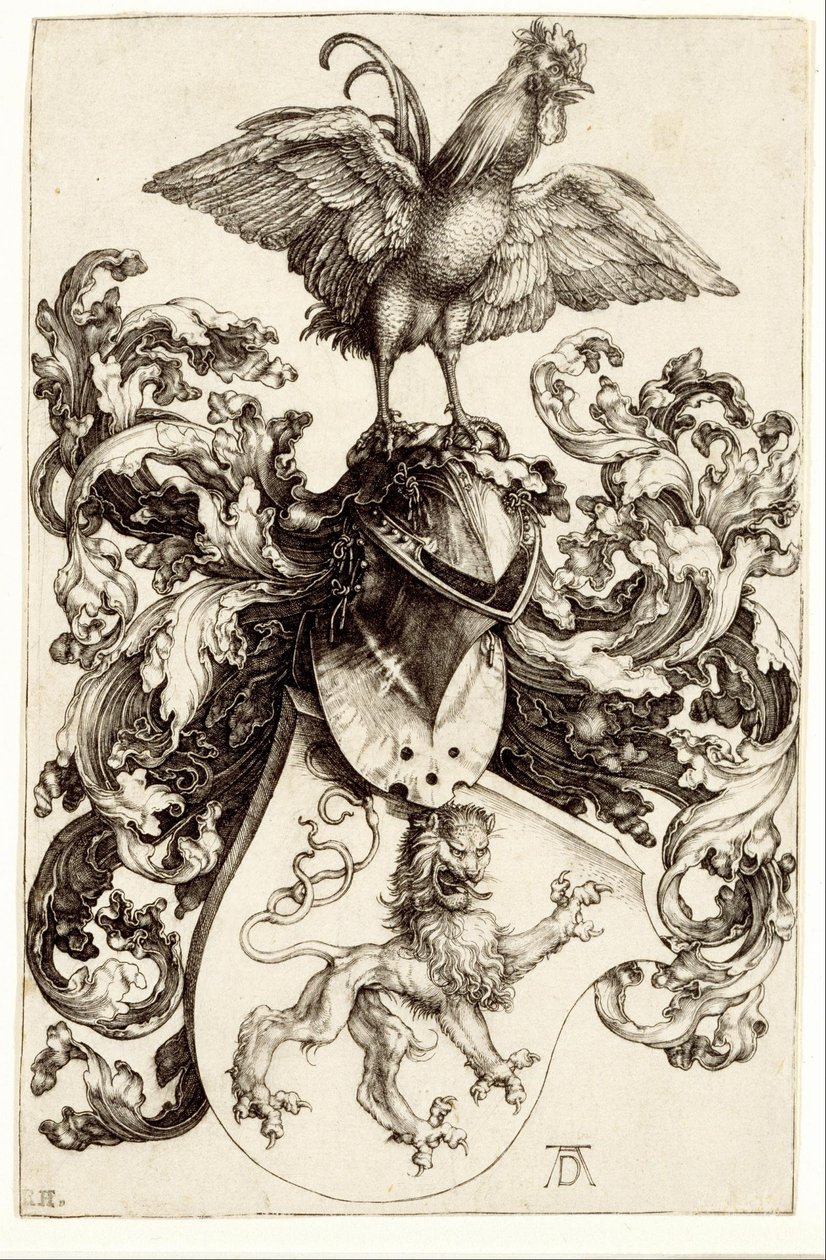 Brasão de armas com um leão e um galo de Albrecht Dürer