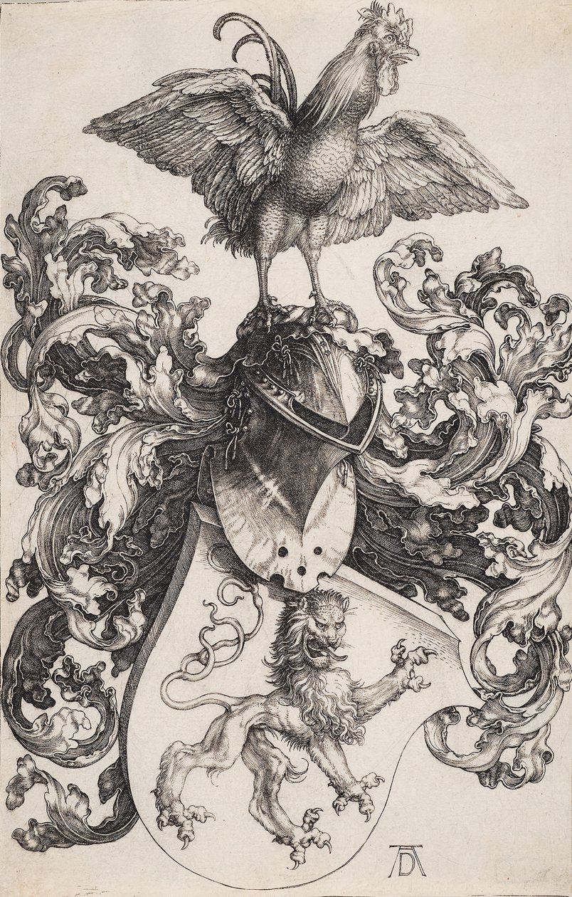 Brasão com um leão e um galo de Albrecht Dürer