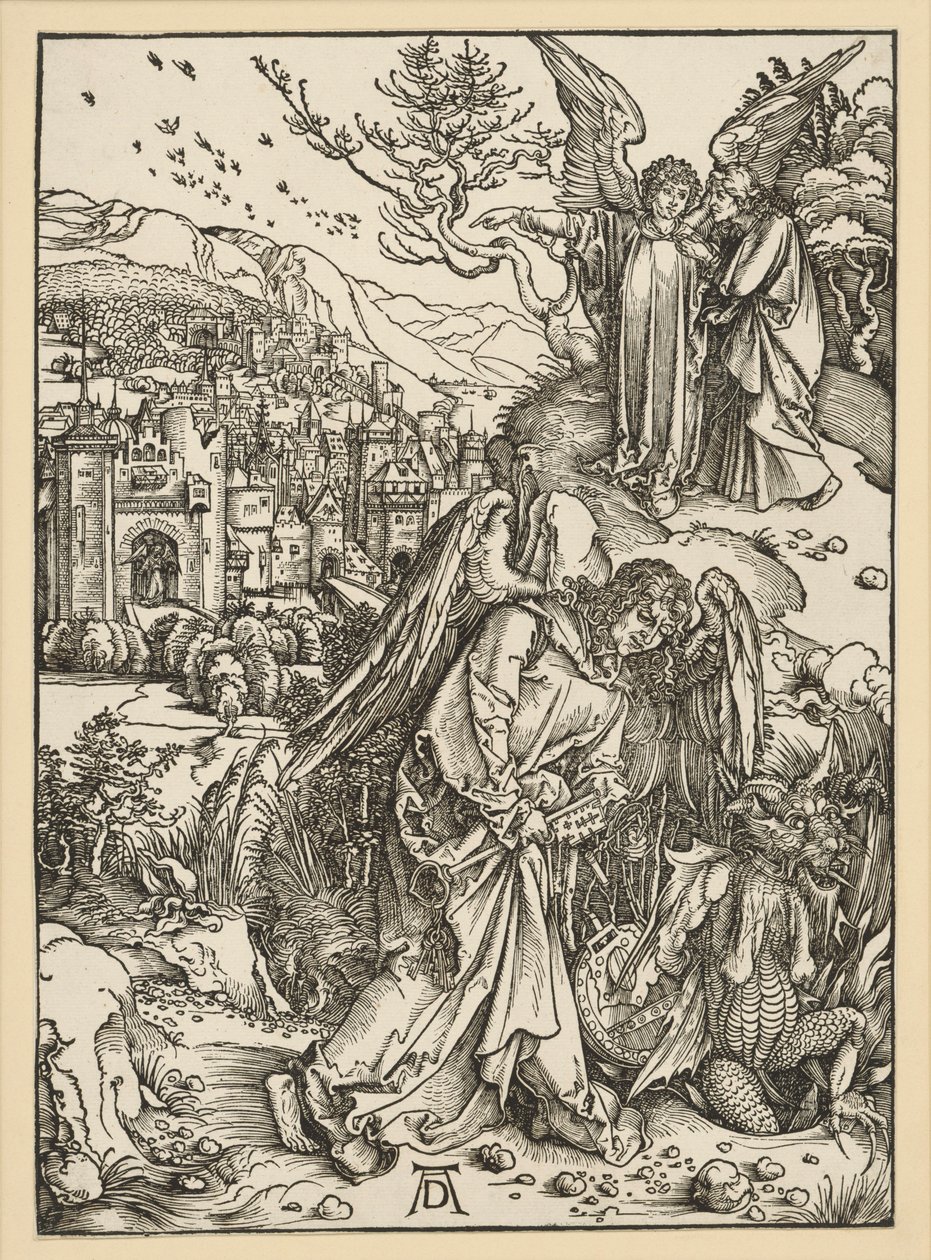 O anjo lança o dragão no abismo e encerra-o nele (Apocalipse) de Albrecht Dürer