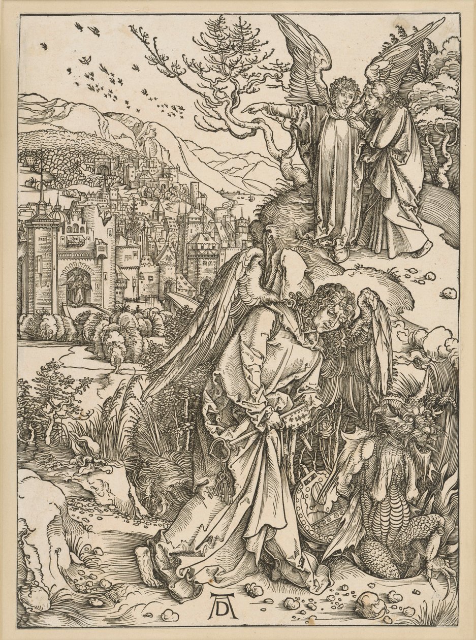 O anjo lança o dragão no abismo e encerra-o lá dentro (Apocalipse) de Albrecht Dürer