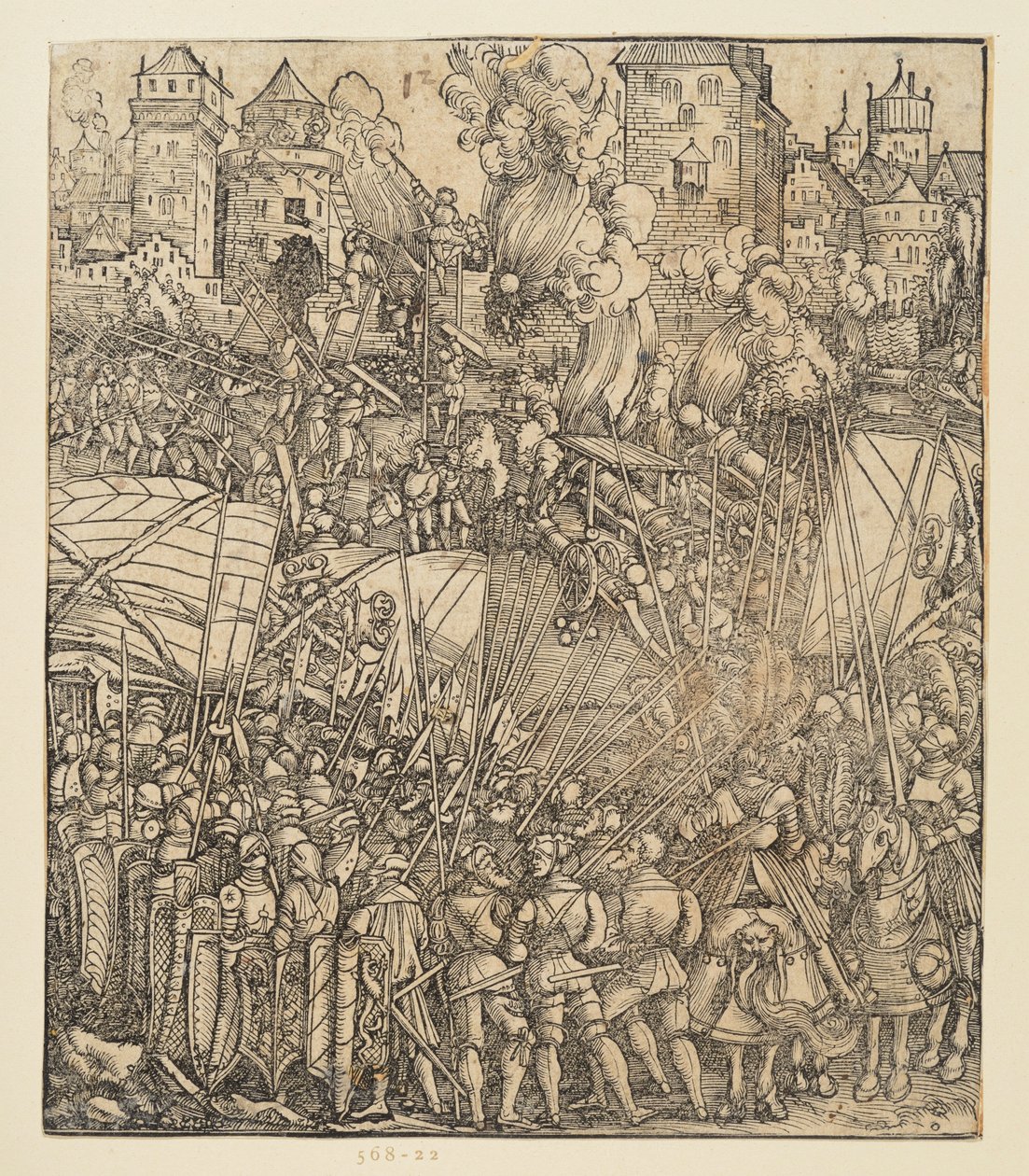 O Arco do Triunfo do imperador Maximiliano I (fragmento de 24b): A cena de batalha no canto superior esquerdo de Albrecht Dürer