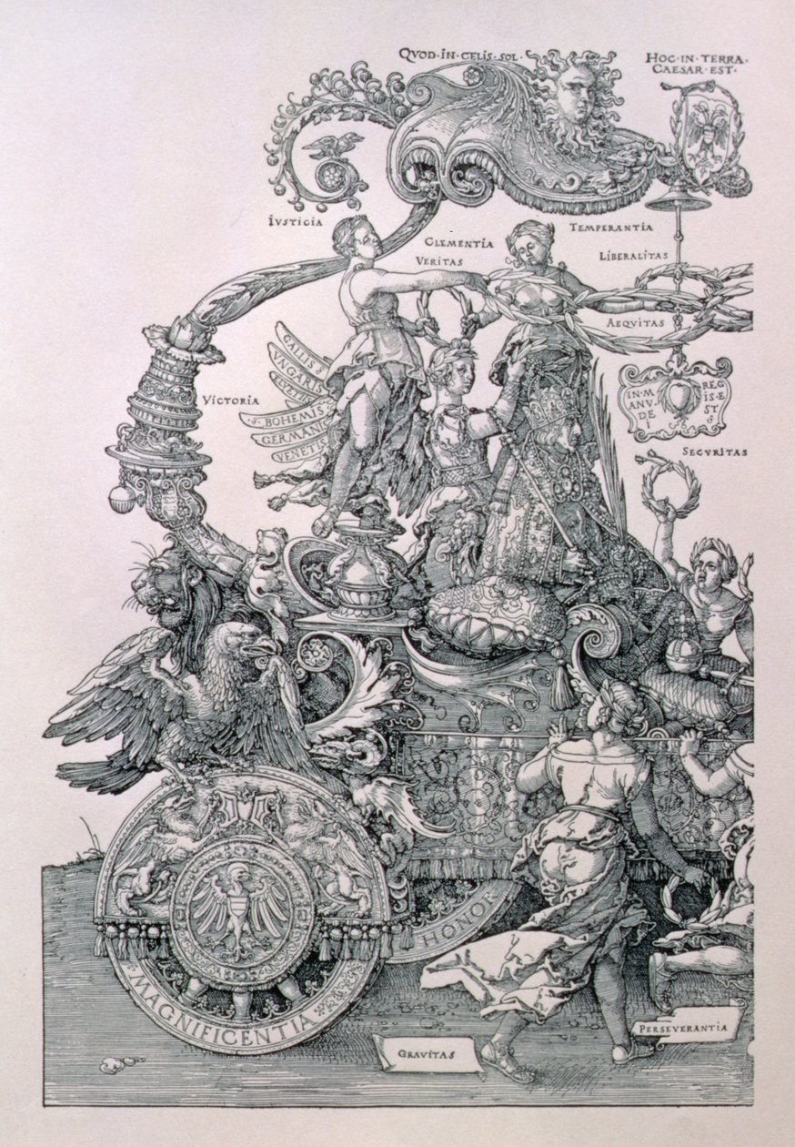 Projeto para a Grande Carruagem Triunfal do Imperador Maximiliano I: detalhe mostrando as Virtudes colocando uma coroa de flores na cabeça do Imperador, planejada por Willibald Pirckheimer, pub. c.1518 de Albrecht Dürer