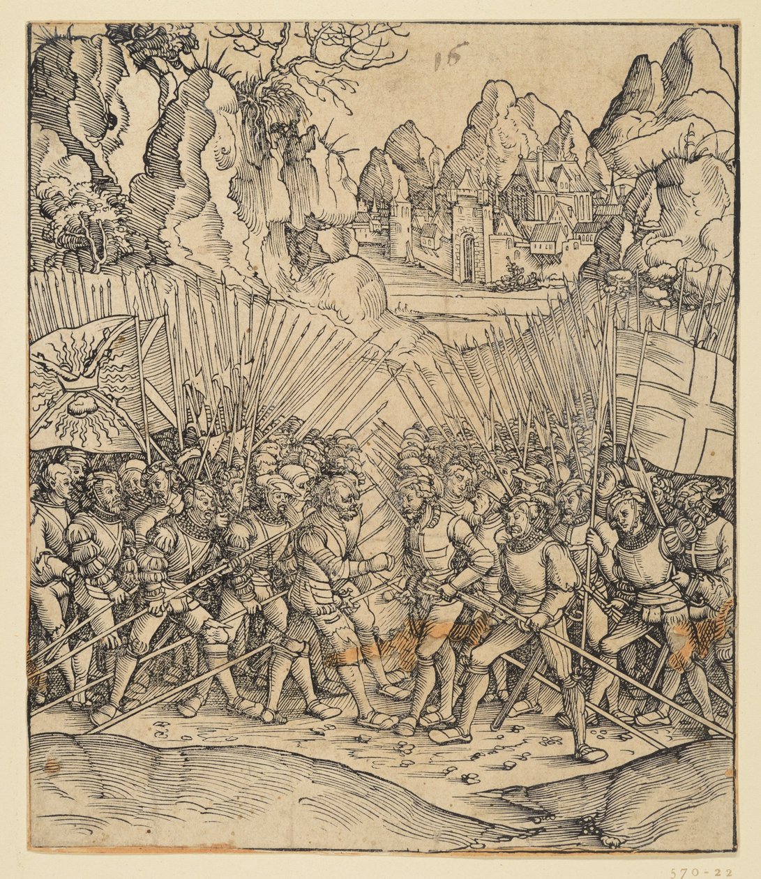 O Arco triunfal do imperador Maximiliano I (fragmento de 24b): A cena de batalha em baixo à esquerda de Albrecht Dürer