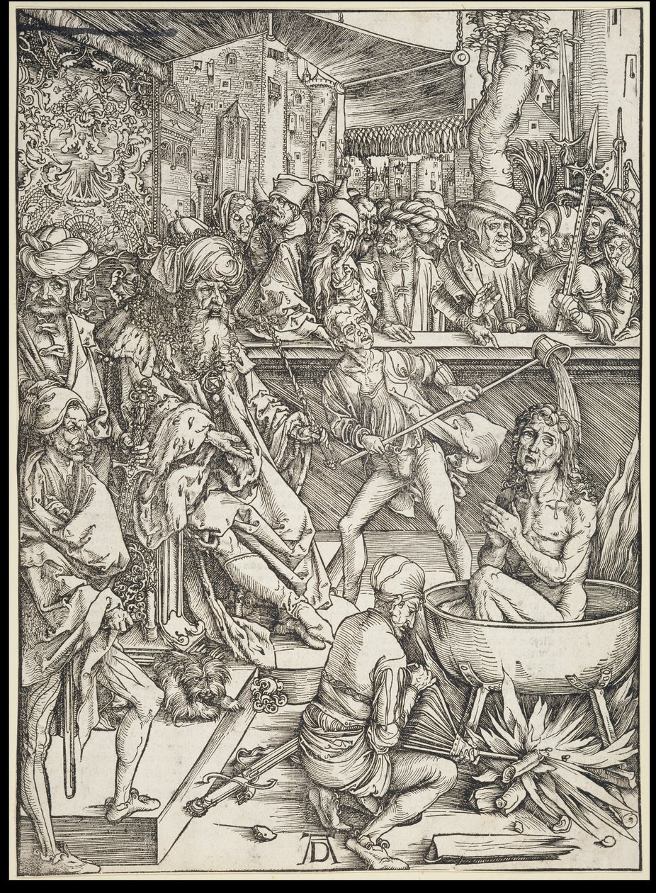 O martírio de São João Evangelista, da série do Apocalipse, primeira edição alemã 1498 de Albrecht Dürer