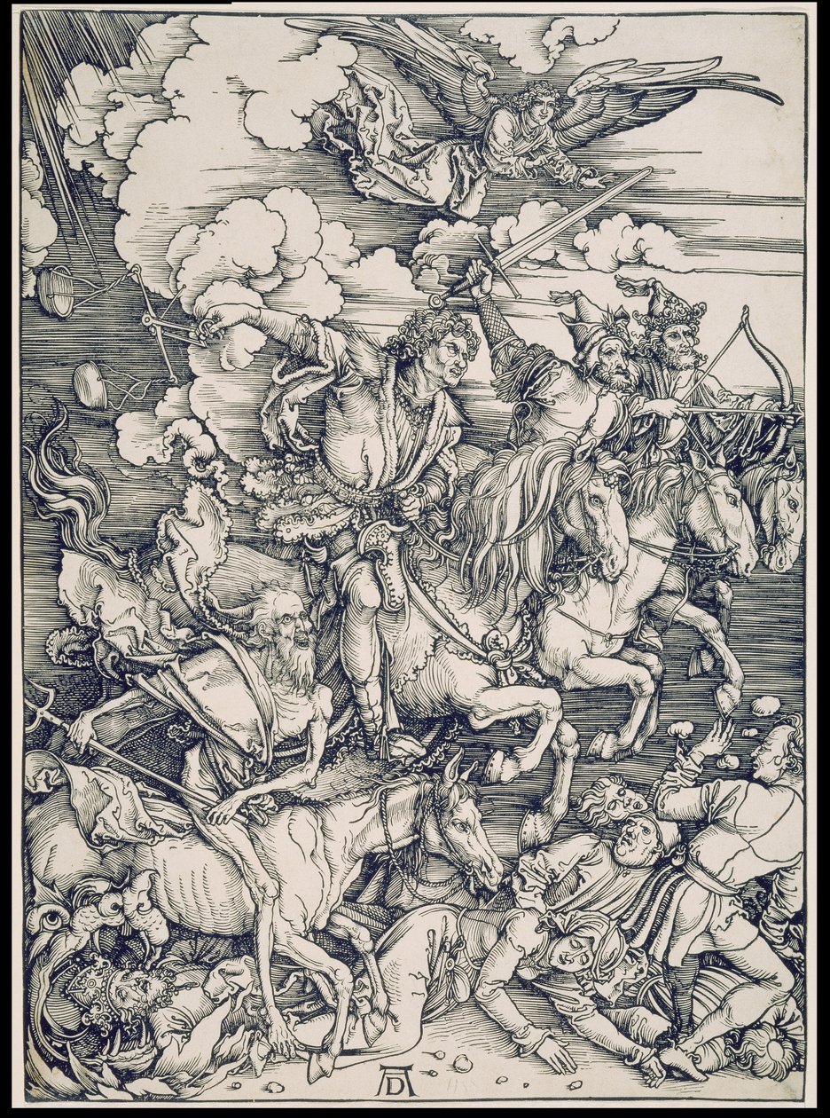 Os cavaleiros do Apocalipse, da série do Apocalipse, estampa individual antes do texto de Albrecht Dürer
