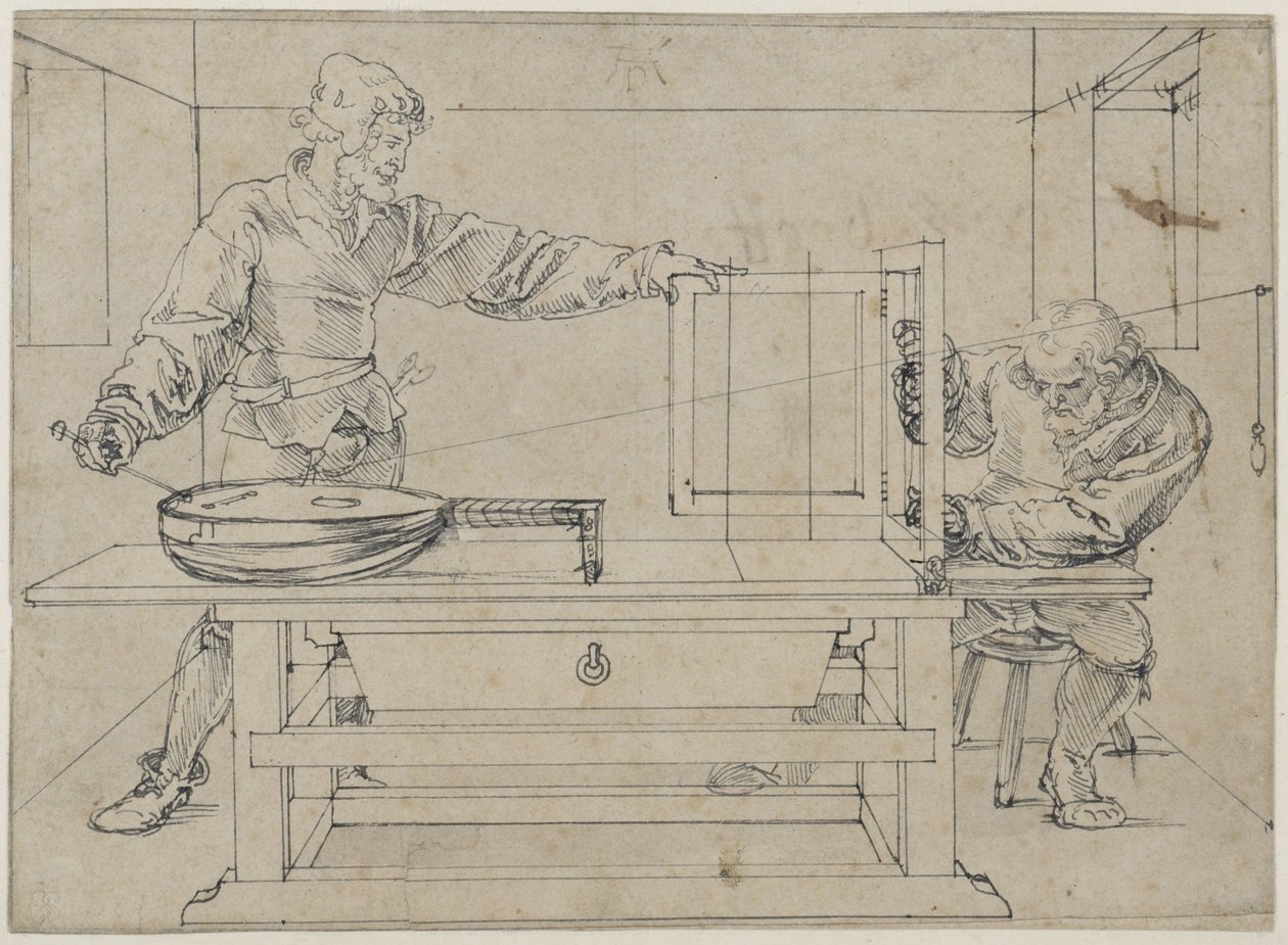 Um homem a apontar para um alaúde de Albrecht Dürer