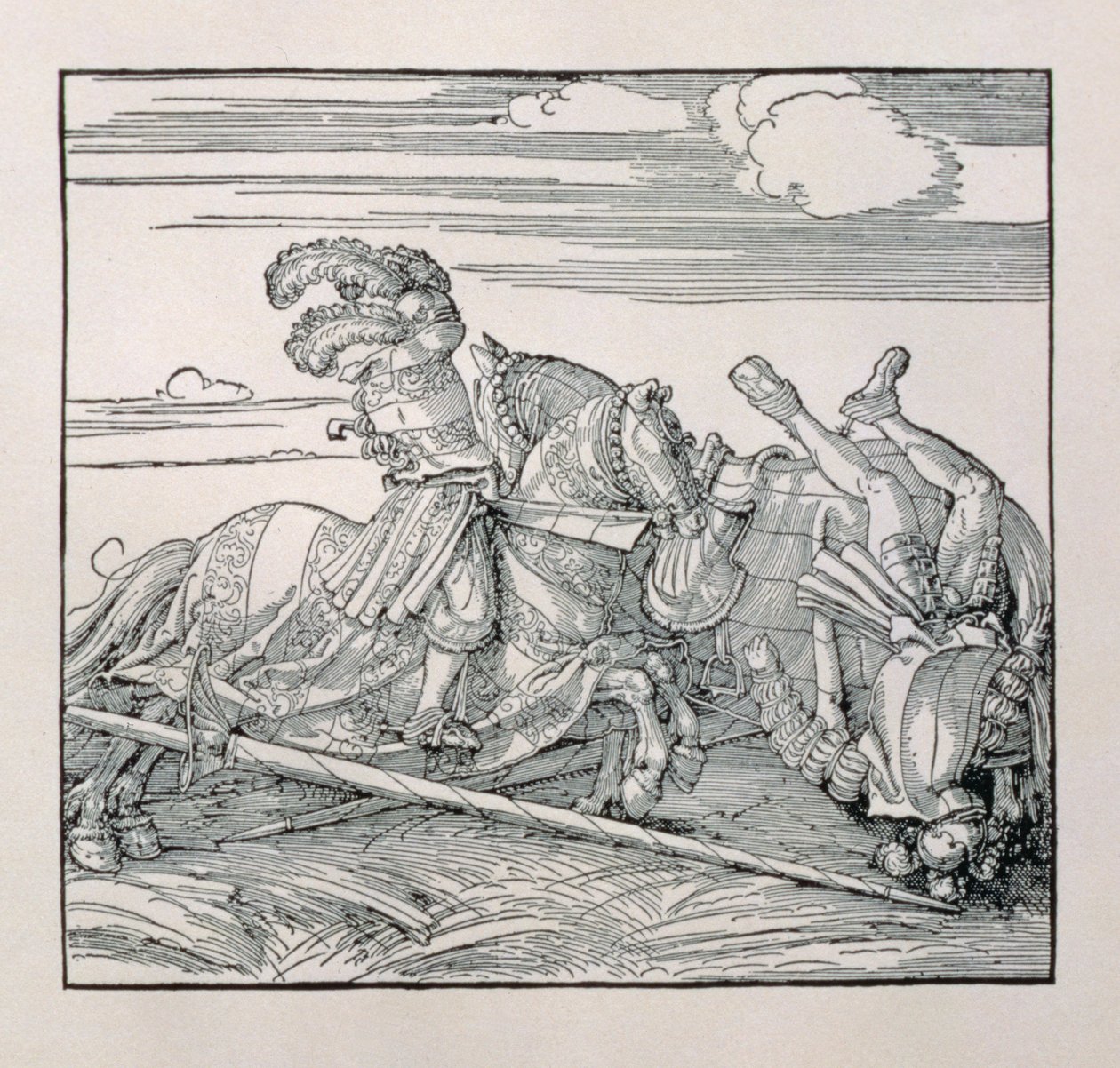 O imperador Maximiliano I da Alemanha (1459-1519) desmonta um oponente em uma justa, de um livro inédito que glorifica os atos cavalheirescos dos Imperadores, c.1515 de Albrecht Dürer