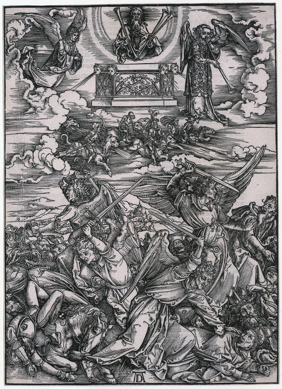 A Batalha dos Anjos, VII. Figura, folha 9 da série «O Apocalipse» de Albrecht Dürer