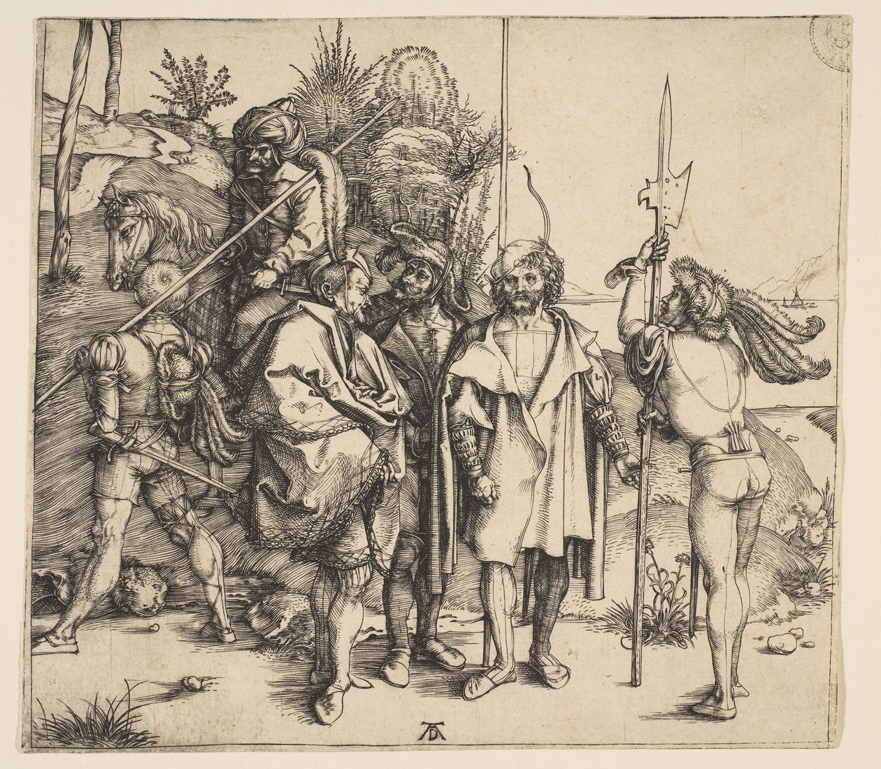 Cinco soldados de infantaria e um turco montado, ca. 1495 de Albrecht Dürer