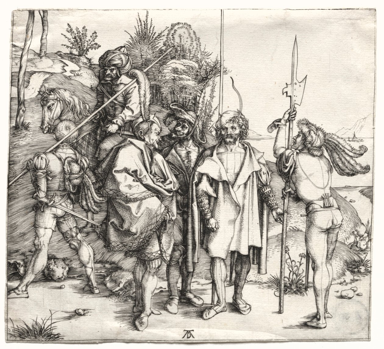 Cinco soldados e um turco a cavalo, provavelmente 1496. de Albrecht Dürer