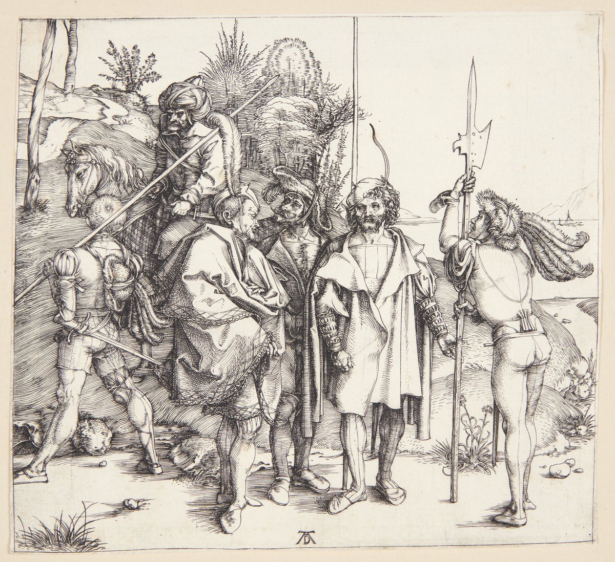 Cinco lansquenets e um cavalo oriental de Albrecht Dürer