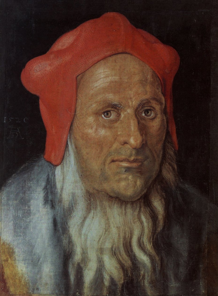 Alemão: Retrato de um homem barbudo com um boné vermelho Retrato de um homem de Albrecht Dürer