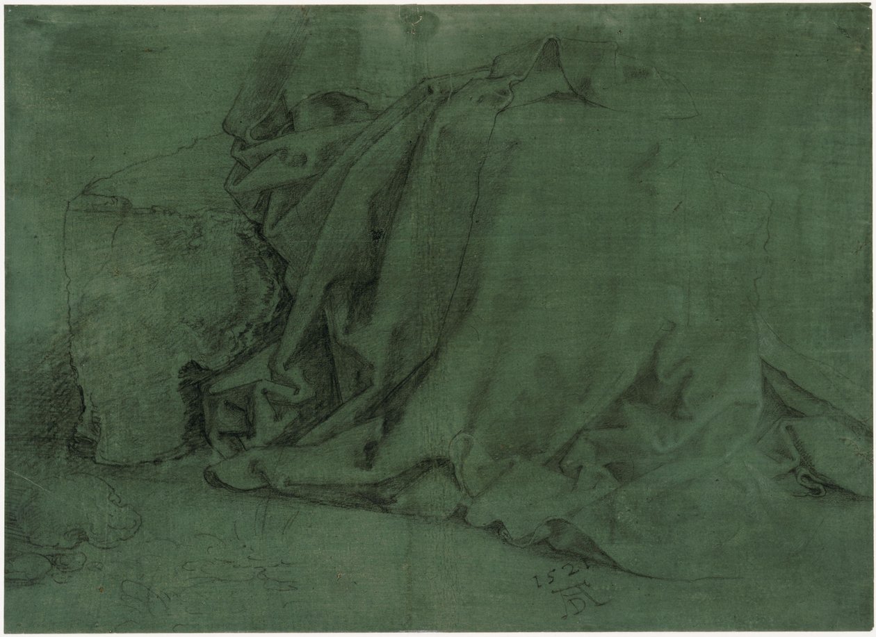 Estudo de vestuário de uma mulher sentada num banco de pedra de Albrecht Dürer