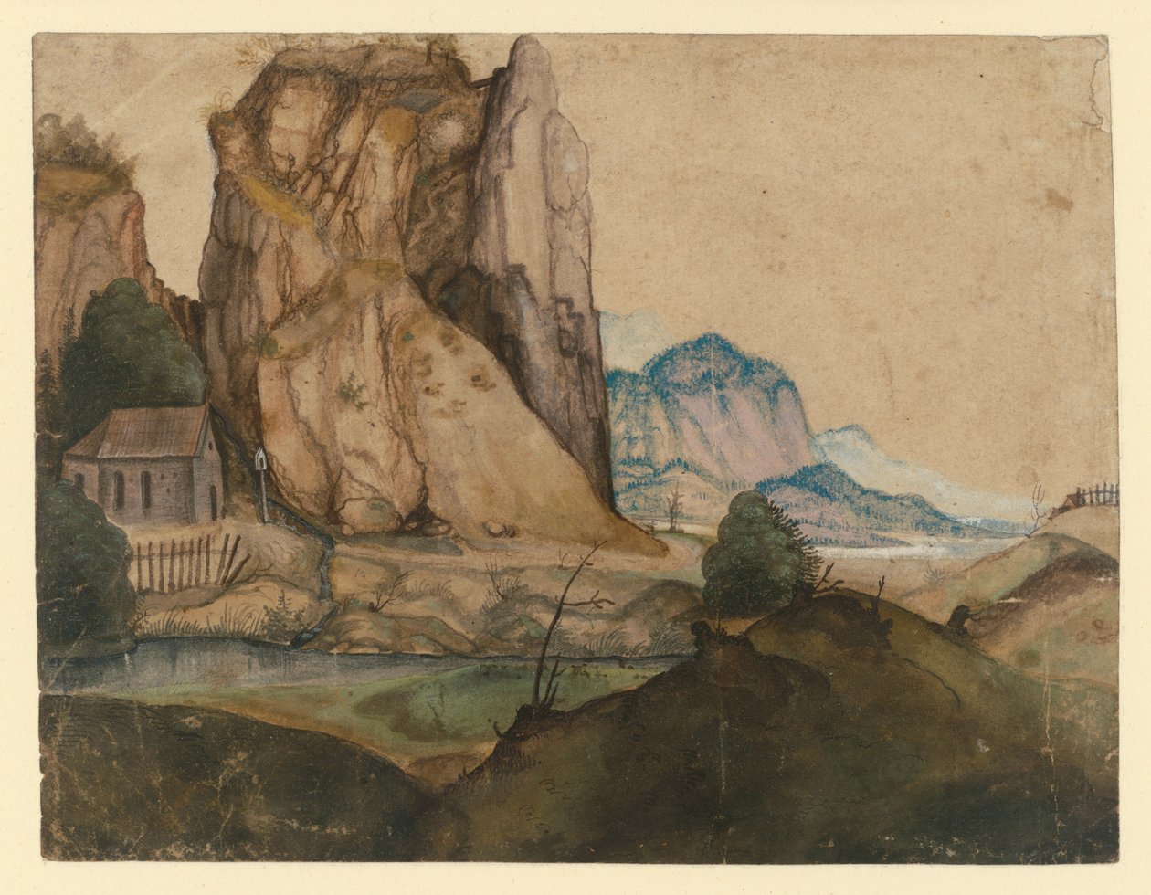 Paisagem montanhosa com uma capela situada sob rochas altas de Albrecht Dürer