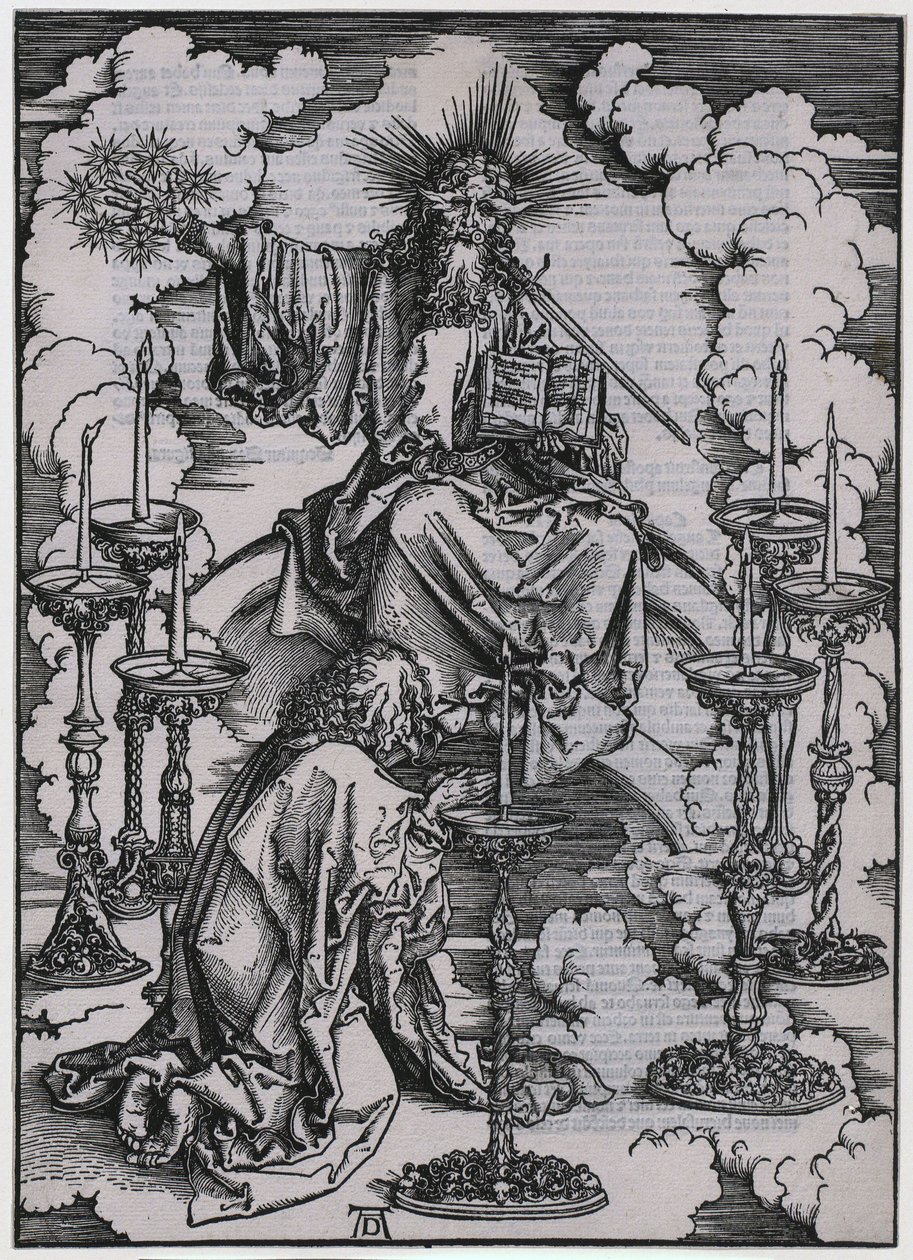 João avista os sete candelabros, Figura I, folha 3 da série «O Apocalipse» de Albrecht Dürer