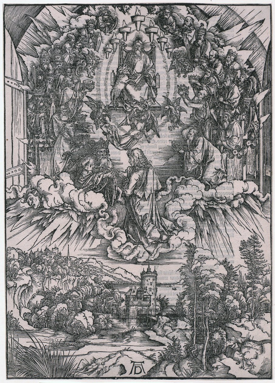 João perante Deus Pai e os Anciãos, II. Figura, folha 4 da série «O Apocalipse» de Albrecht Dürer