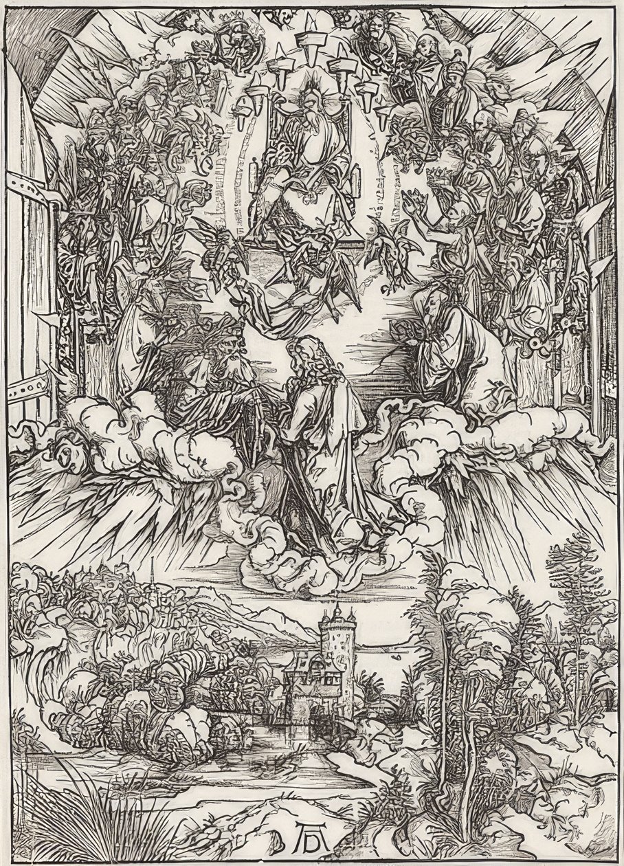 João diante do pai de Deus e dos anciãos, pela conseqüência do apocalipse. 1496 de Albrecht Dürer