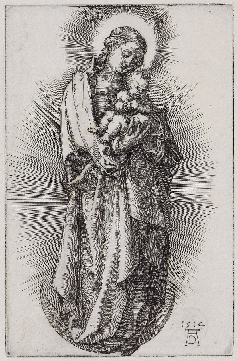Virgem com fita no cabelo numa auréola sobre a lua crescente de Albrecht Dürer