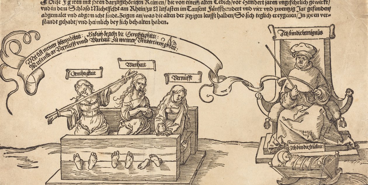 Justiça, verdade e razão no tronco com o juiz sentado e a piedade adormecida, provavelmente 1526. de Albrecht Dürer
