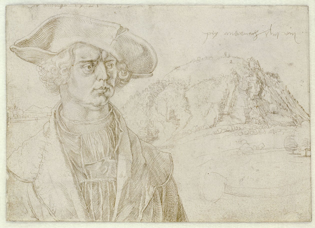 Retrato masculino de busto (Aert Bruyn?) e paisagem perto de Andernach de Albrecht Dürer