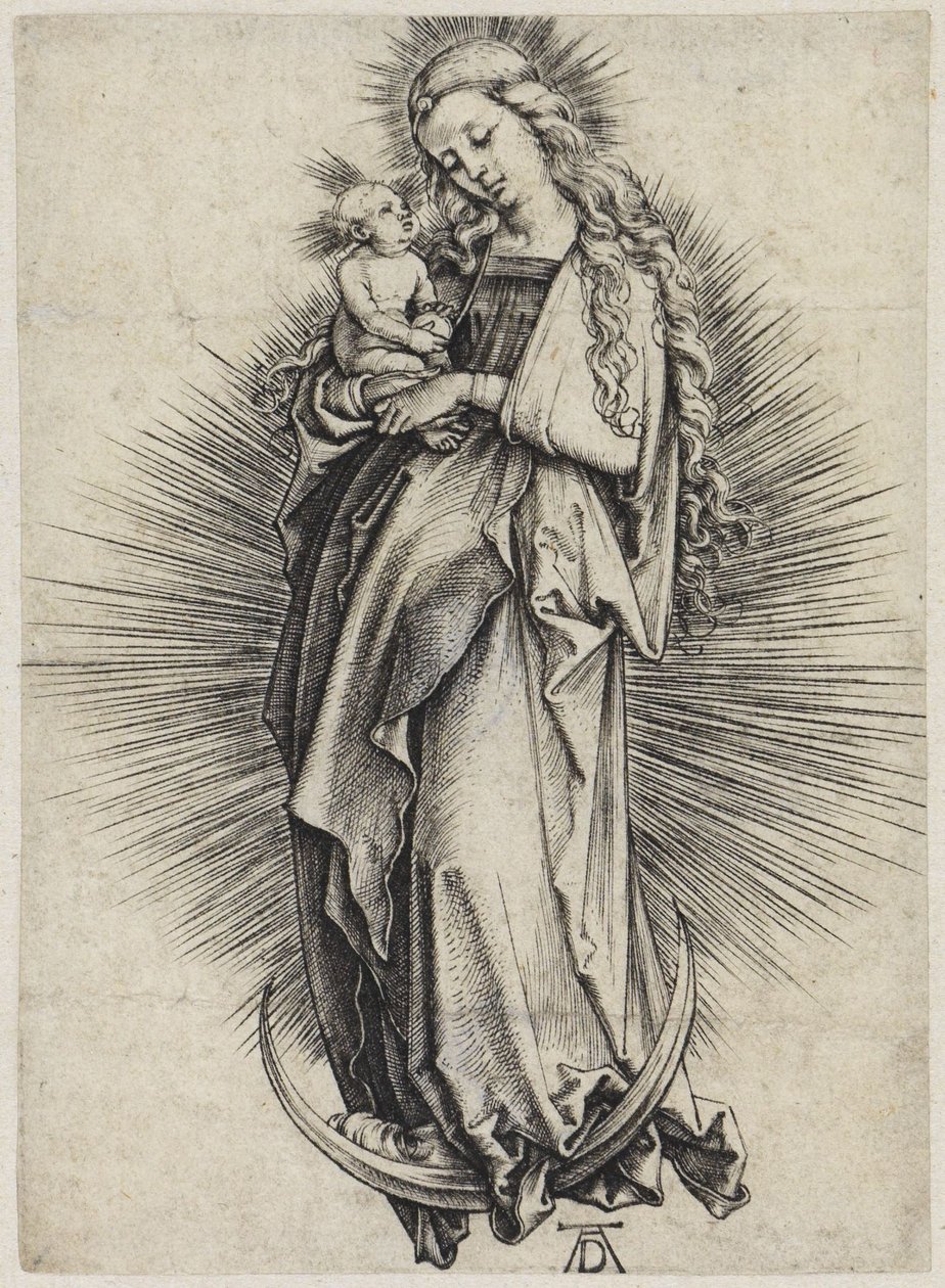 Maria de cabelos compridos sobre a lua crescente de Albrecht Dürer