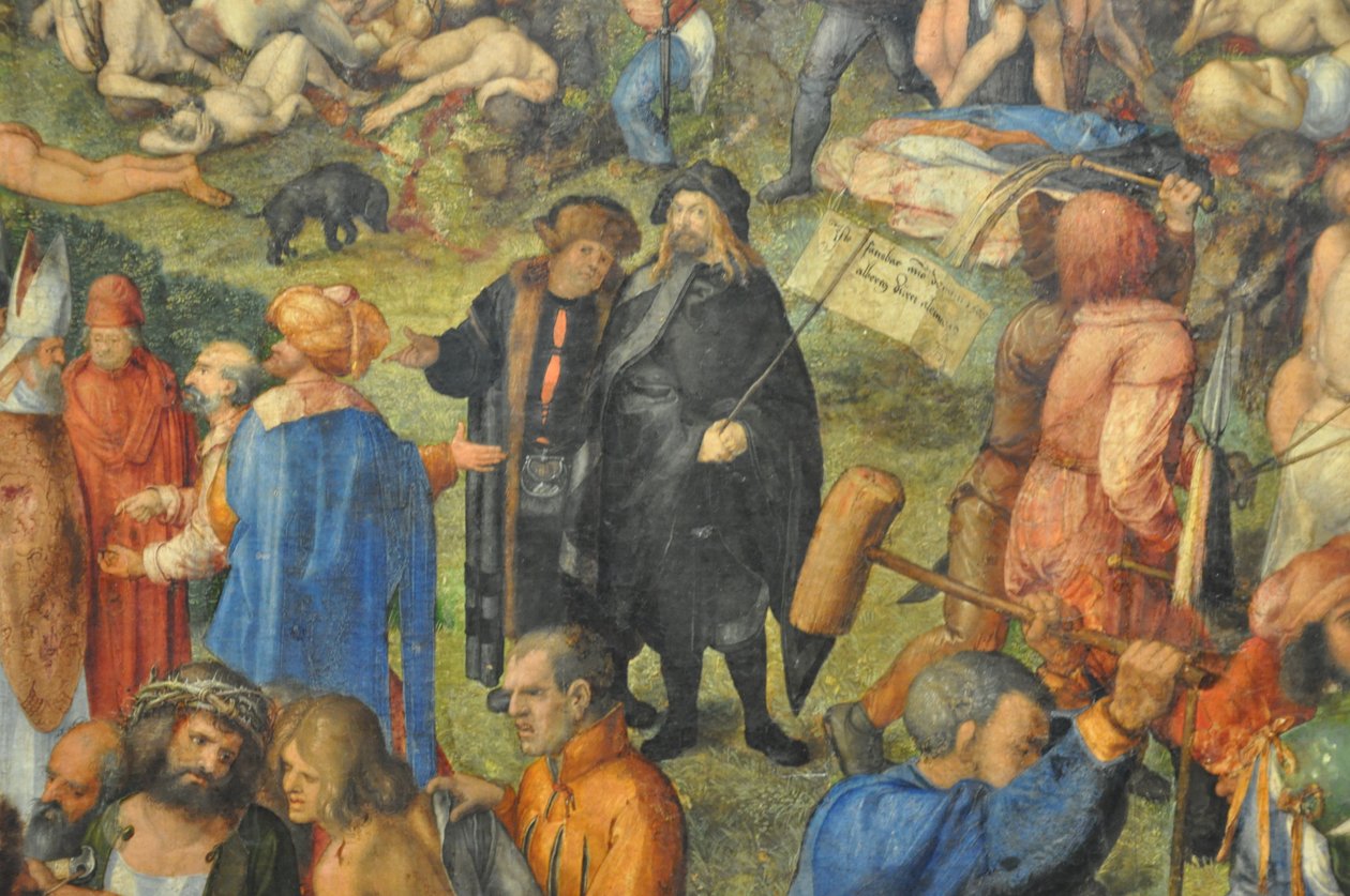 Martírio dos dez mil cristãos; pormenor: Dürer e Conrad Celtis. de Albrecht Dürer