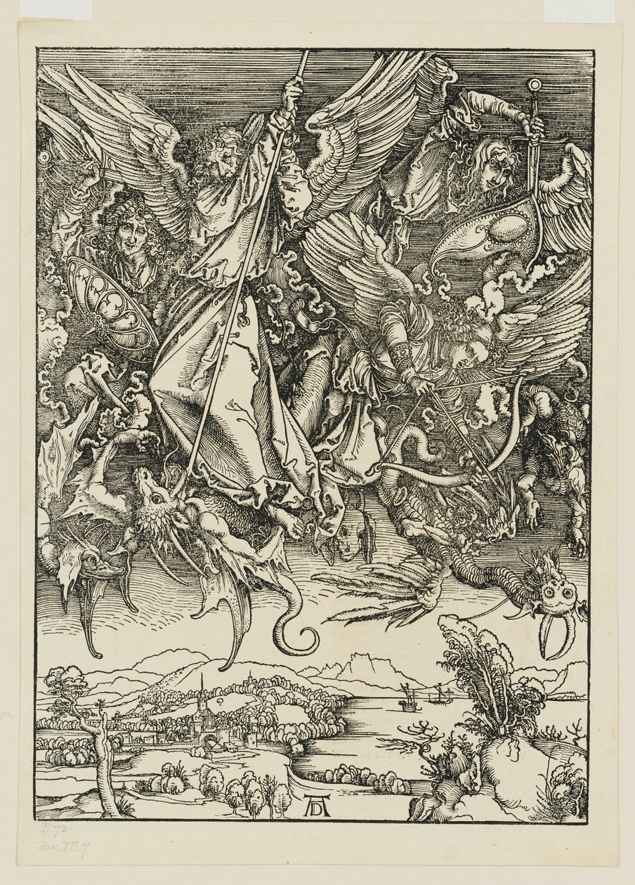 Miguel e os seus anjos combatem o dragão de Albrecht Dürer