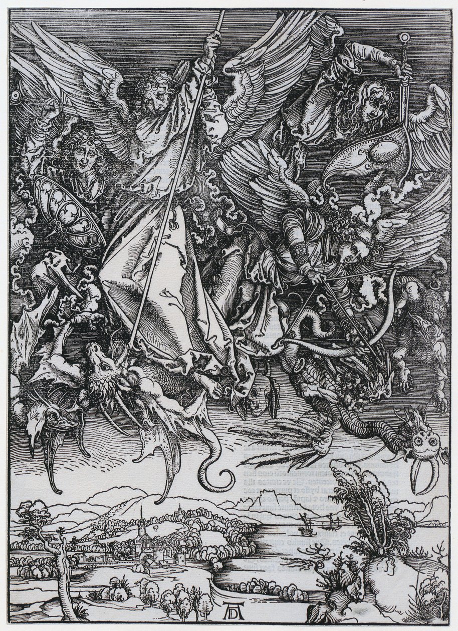 A luta de Miguel contra o dragão, Figura X, folha 12 da série «O Apocalipse» de Albrecht Dürer