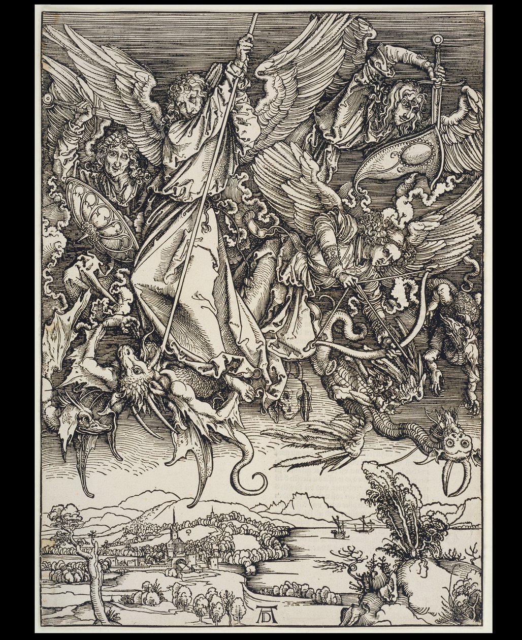 A luta de Miguel com o dragão, da série do Apocalipse, primeira edição alemã de 1498 de Albrecht Dürer