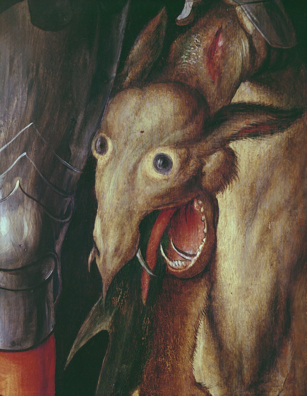Retábulo de Paumgartner: detalhe da Asa da Mão Esquerda, representando a cabeça do dragão derrotado por São Jorge, c.1500 têmpera no detalhe do painel de 495745 de Albrecht Dürer