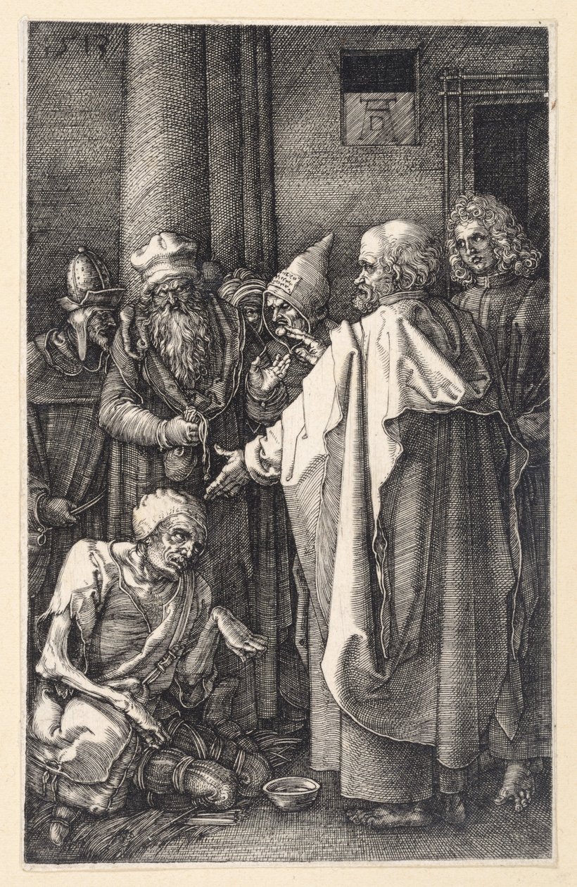Pedro e João curando um mendigo coxo no templo (Paixão gravada) de Albrecht Dürer