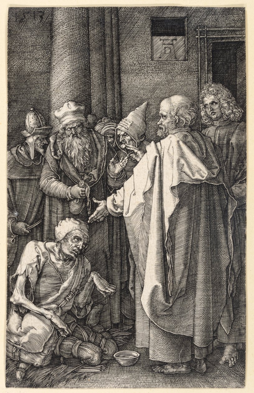 Pedro e João curando um mendigo coxo no templo (Paixão gravada) de Albrecht Dürer