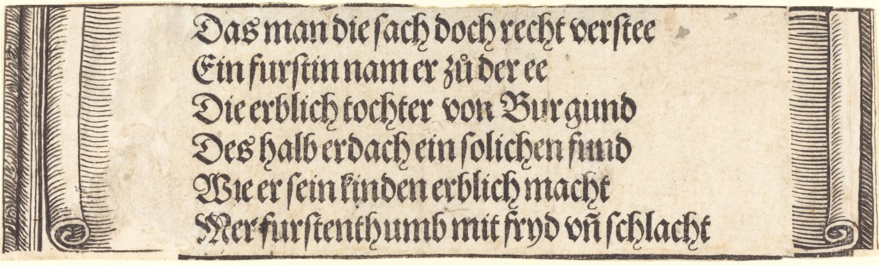Texto impresso para O noivado de Maximiliano com Maria da Borgonha, 1515. de Albrecht Dürer
