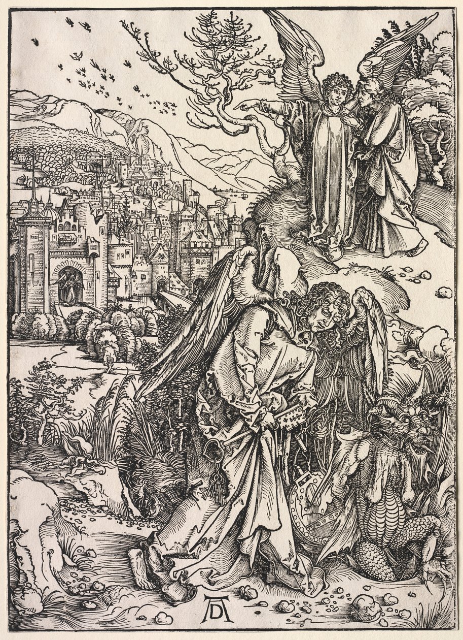 Revelação de São João: anjo com a chave do poço do abismo, 1511. de Albrecht Dürer