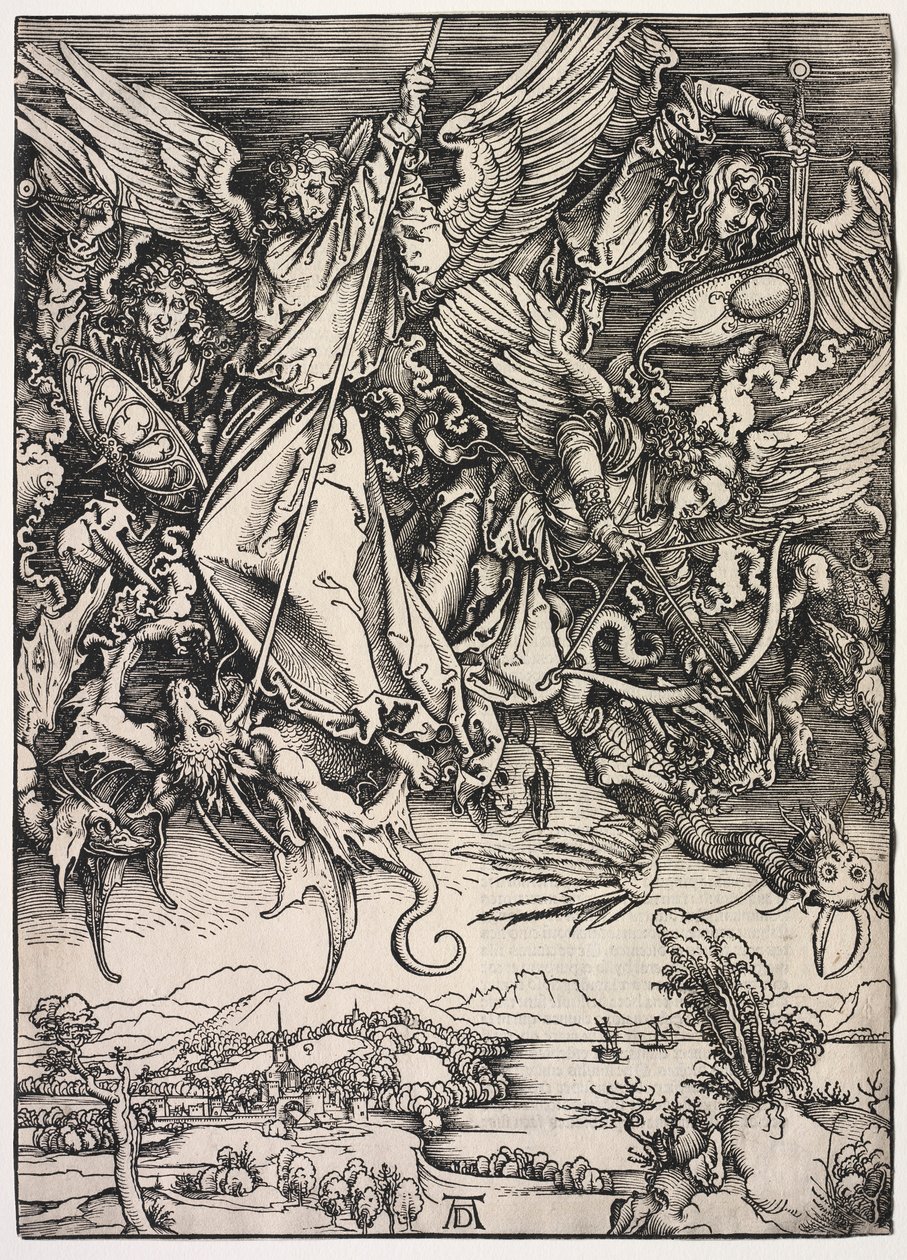 Revelação de São João: São Miguel lutando contra o dragão, 1511. de Albrecht Dürer