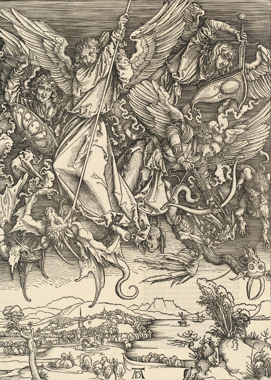 São Miguel lutando contra o dragão, 1498. de Albrecht Dürer