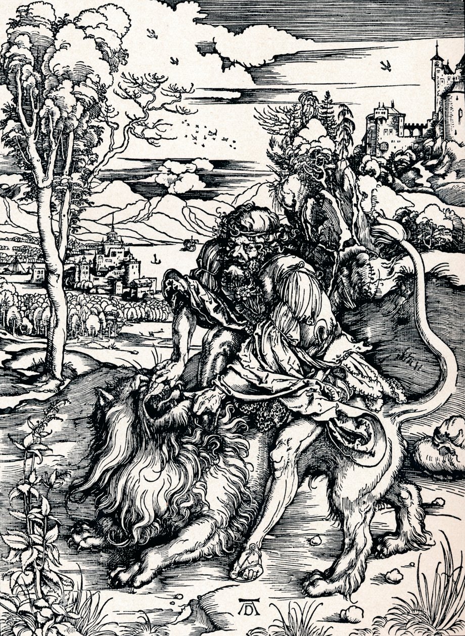 Sansão Rending the Lion, 1497 1906 de Albrecht Dürer