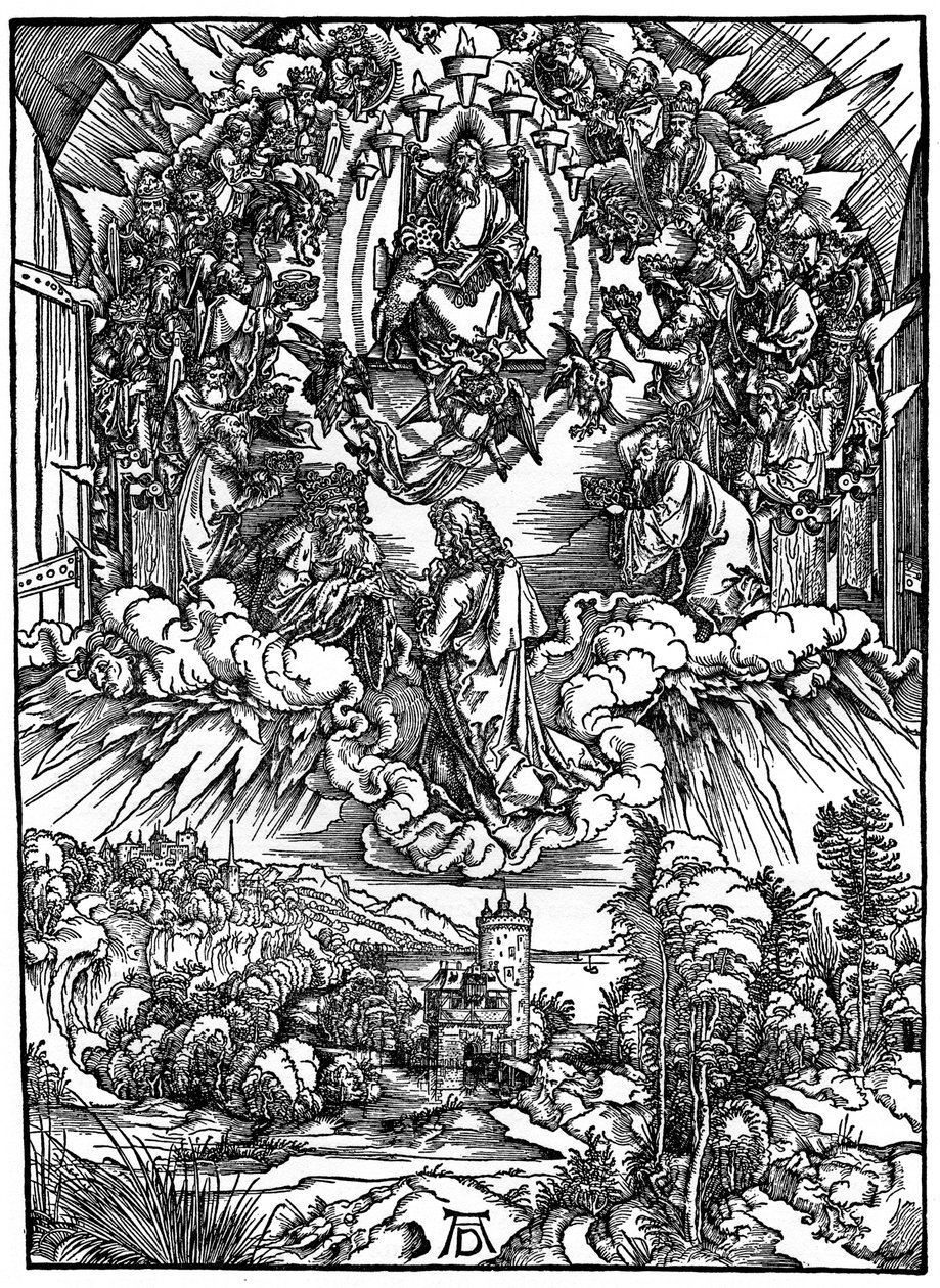 Cena do Apocalipse, São João diante de Deus Pai e dos vinte e quatro anciãos, 1498, 1936. de Albrecht Dürer
