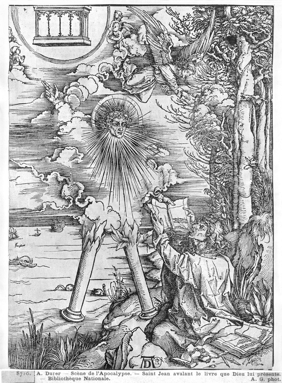 Cena, apocalipse, são, john, devouring, livro, latim, edição, 1511, (woodcut), (bw, photo) de Albrecht Dürer