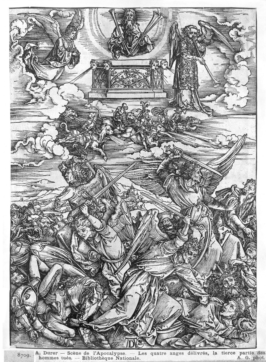 Cena do Apocalipse, os quatro anjos vingativos, edição latina, 1511 de Albrecht Dürer