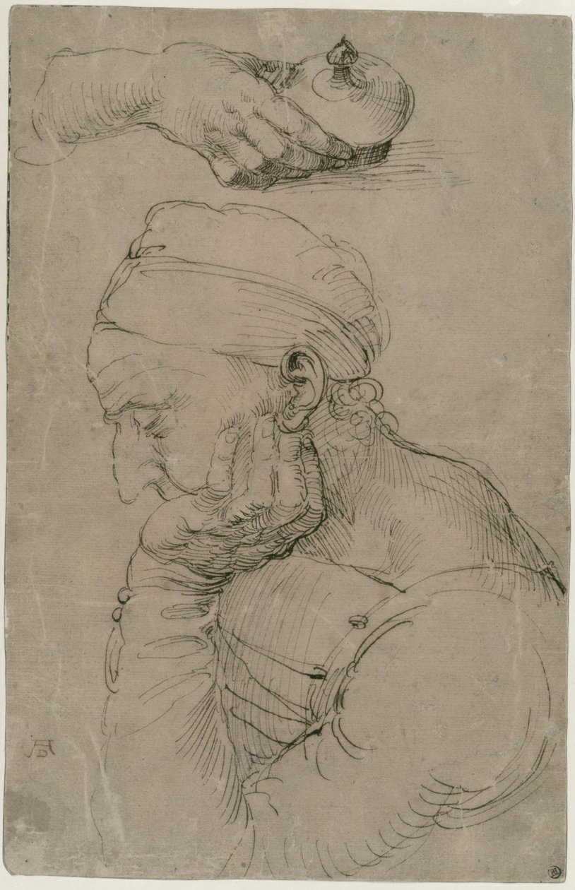 Homem adormecido e estudo de uma mão com recipiente de unguento de Albrecht Dürer