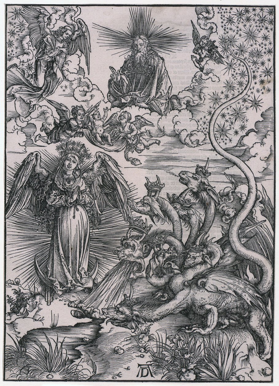 A Mulher do Sol e o Dragão de Sete Cabeças, Figura IX, Folha 11 da série «O Apocalipse» de Albrecht Dürer