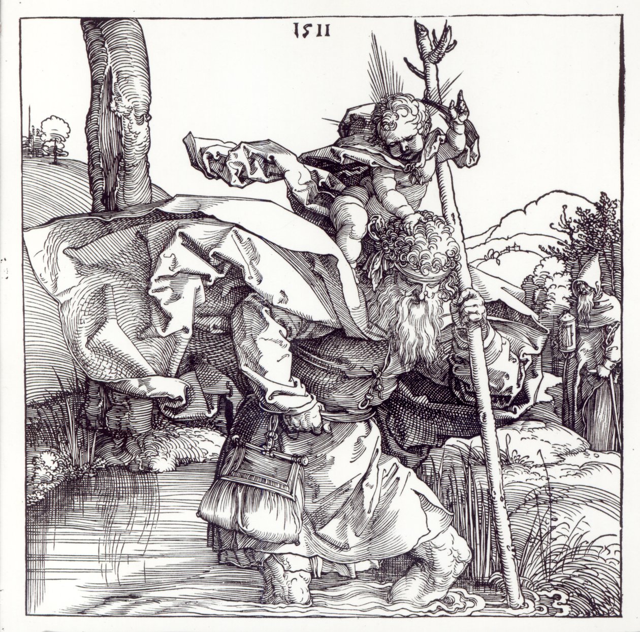 São Cristóvão carregando o Menino Jesus, 1511 (xilogravura) (bw photo) de Albrecht Dürer