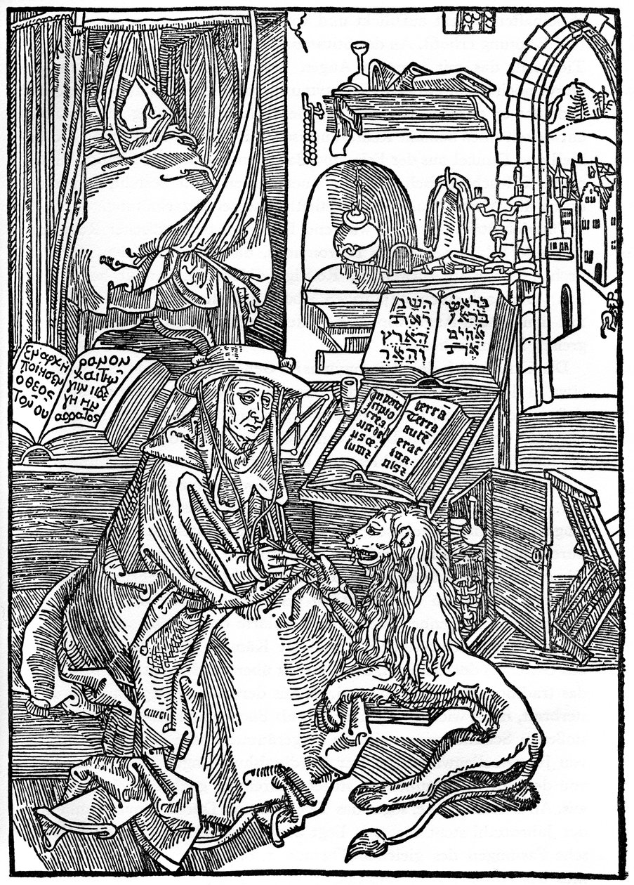 São Jerônimo, em seu escritório, puxando um espinho de uma pata de leão, 1492, 1936 de Albrecht Dürer