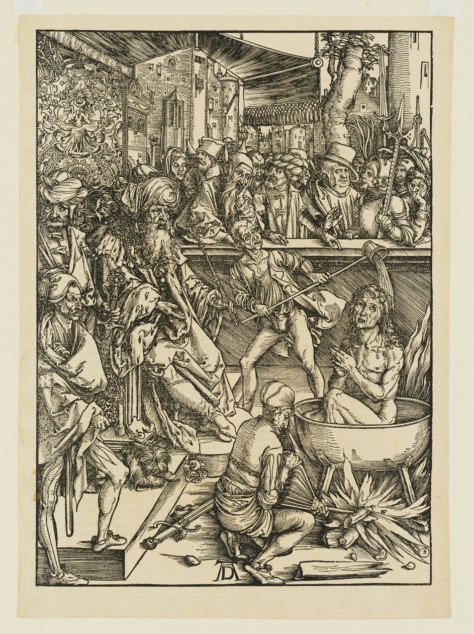 O martírio tentado de São João num caldeirão de óleo a ferver, sob Domiciano de Albrecht Dürer